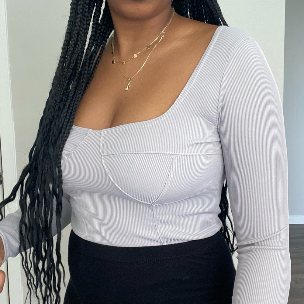 Lavender ribbed square neck long sleeve bodysuit with contrast stitch detail